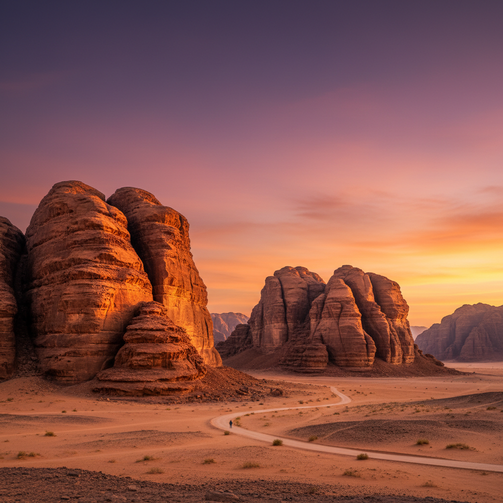 Al-Ula ancient Nabataean rock formations at sunset, warm orange and red stone against purple sky