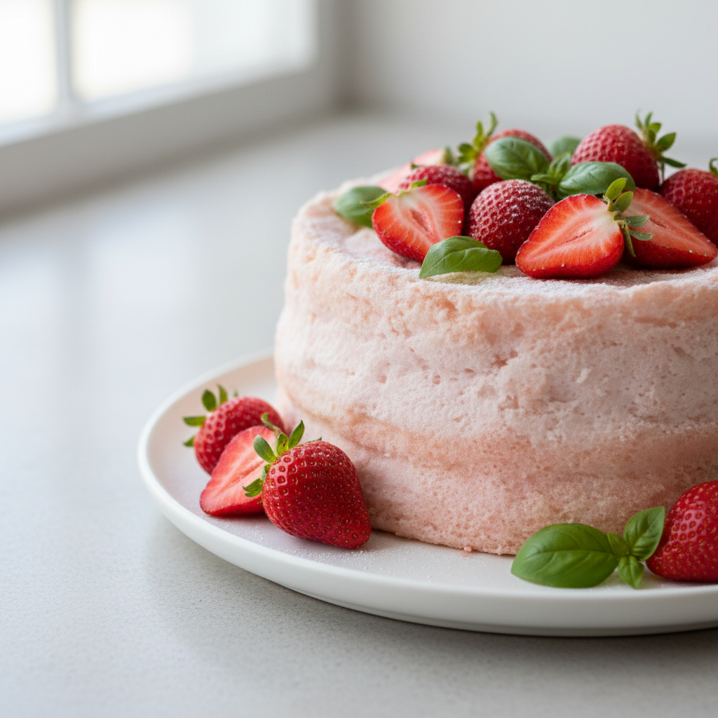 Elegant chiffon cake topped with fresh strawberries, edible flowers, and basil leaves on a white cake stand