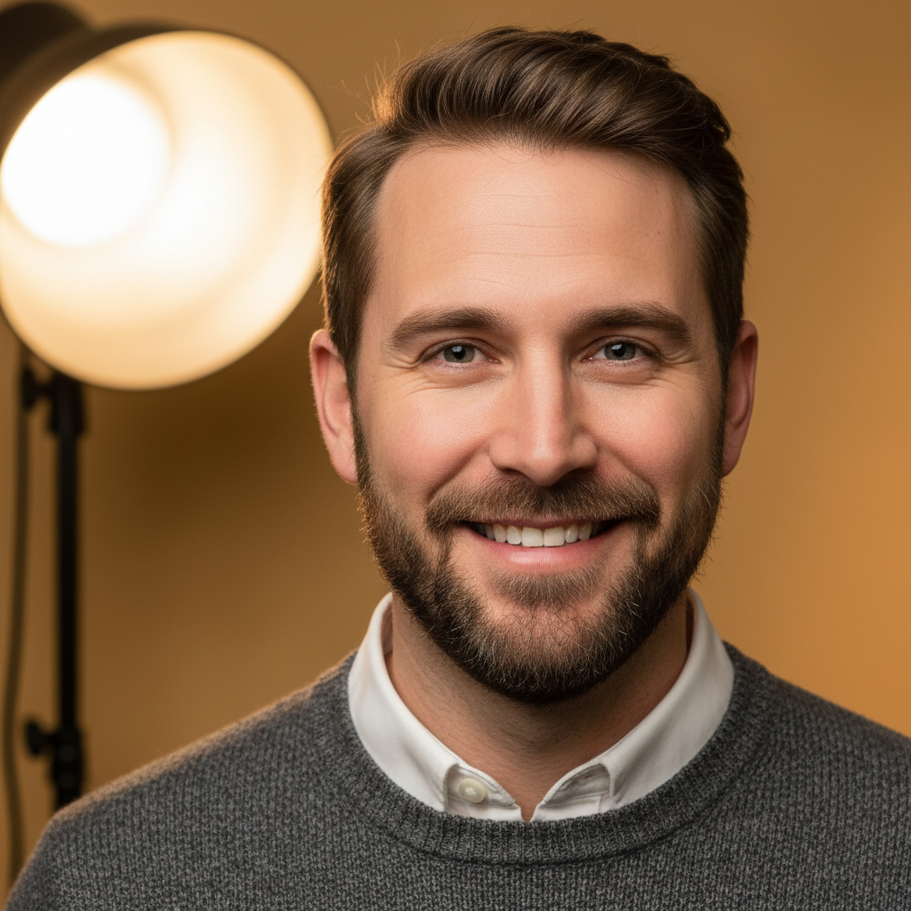 Portrait of a man with short beard and warm expression in a bright studio setting