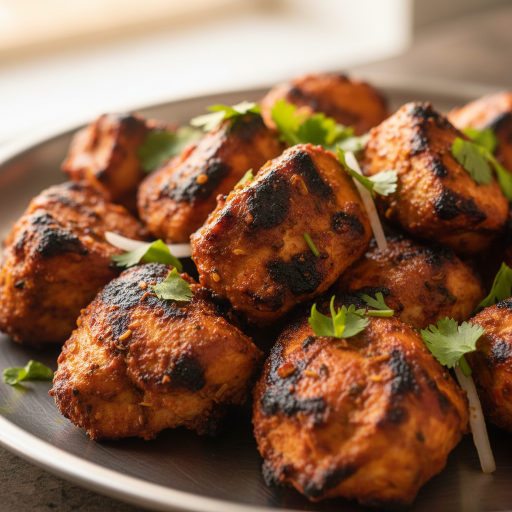 Chicken tikka pieces with deep char marks and orange spiced coating on a steel plate with fresh coriander