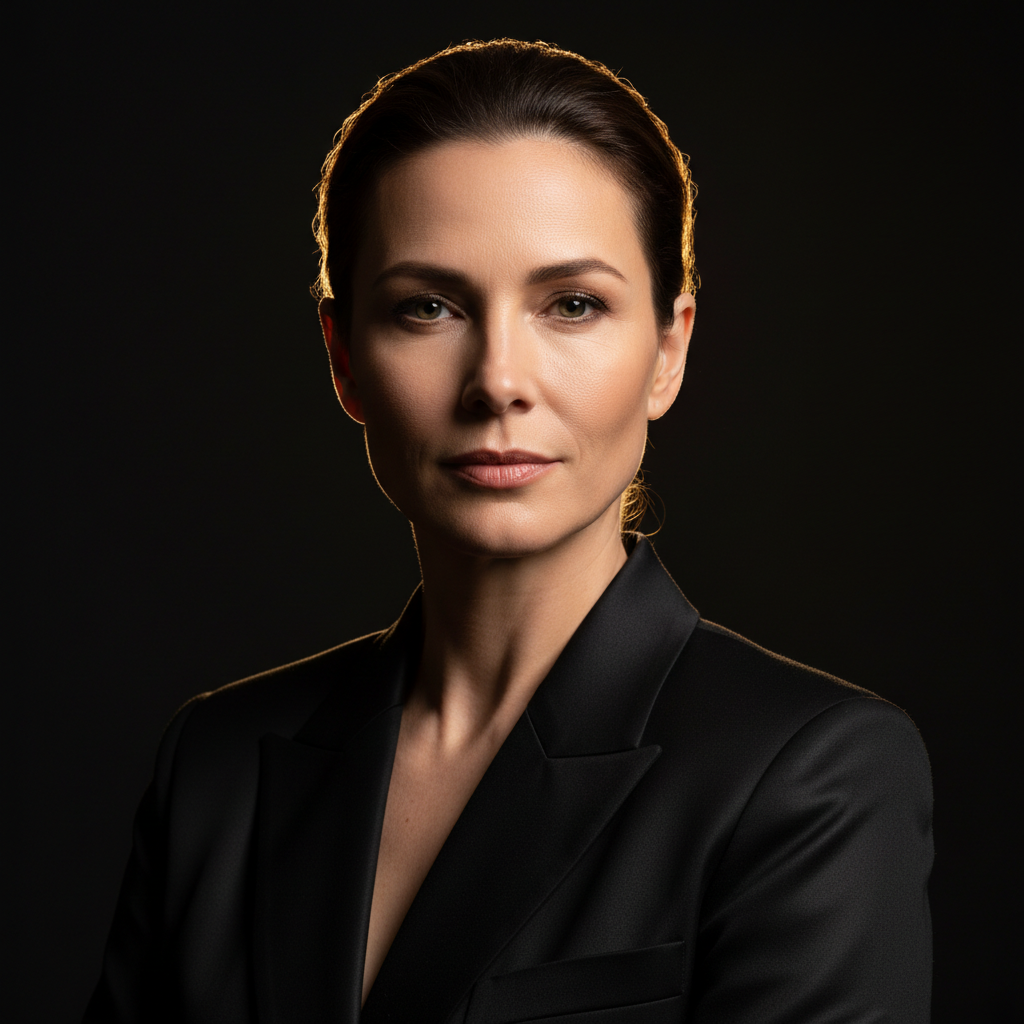Sophisticated studio portrait with dramatic dark background and elegant rim lighting