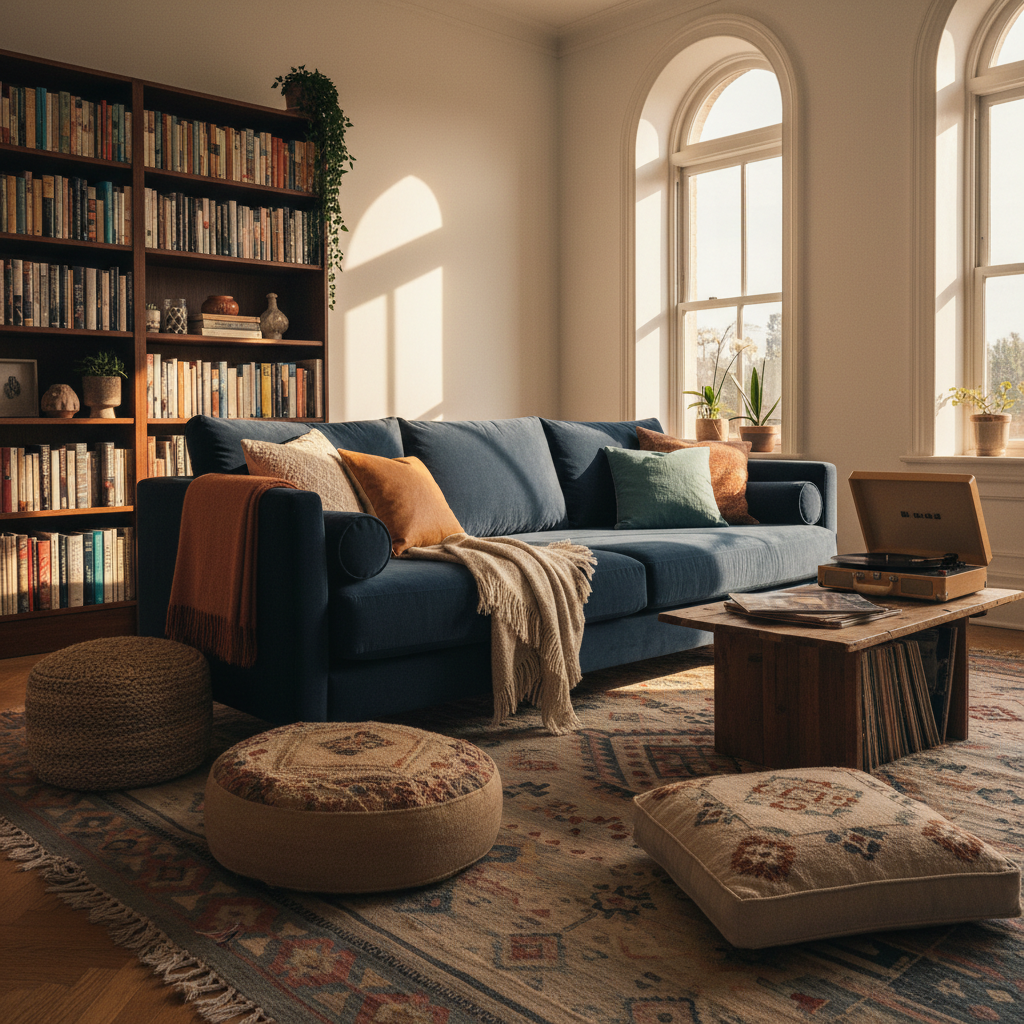Bright, airy, organized living room with neutral tones, clean surfaces, well-arranged bookshelves, warm afternoon light