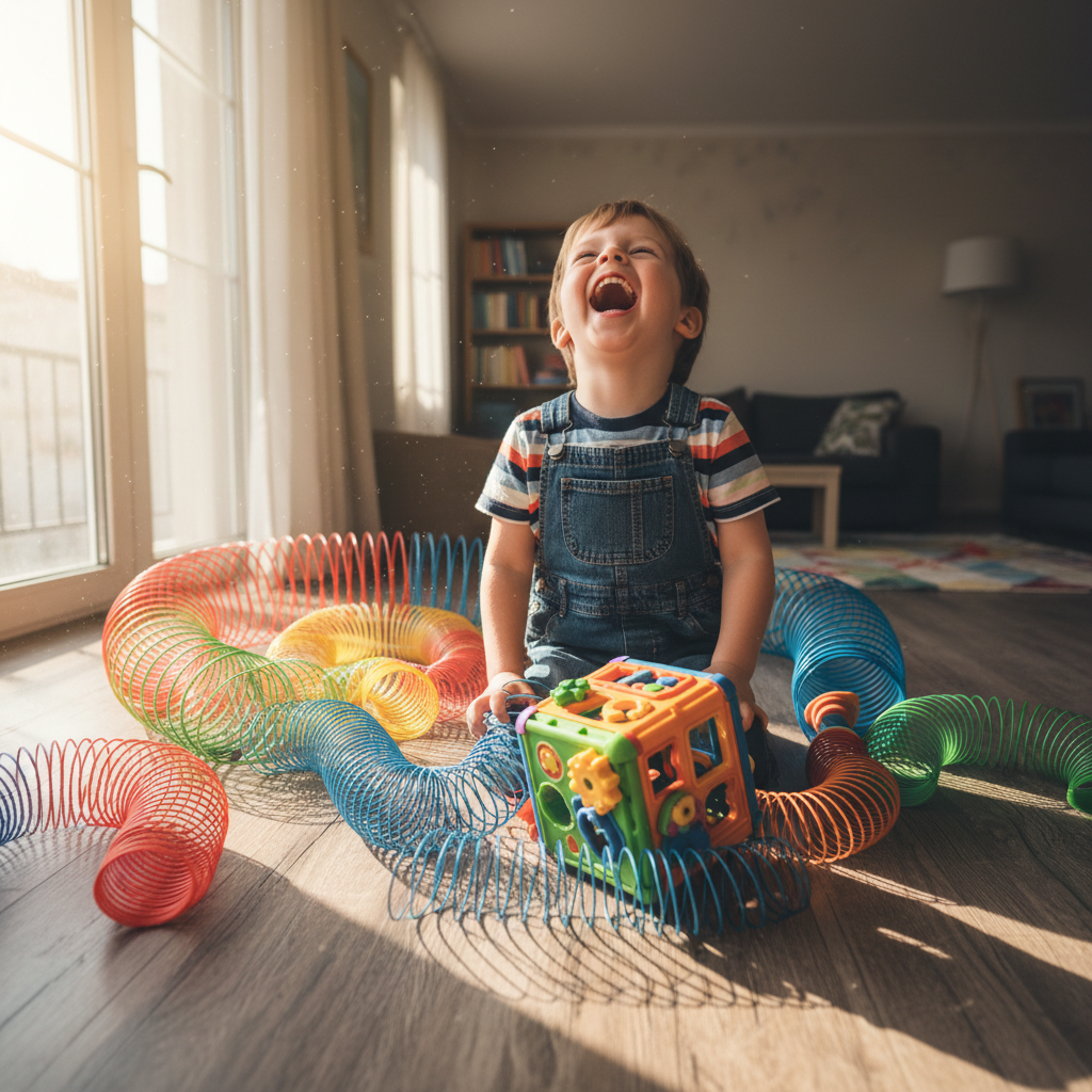 Child laughing while playing with colorful spring toys and activity set on a wooden floor
