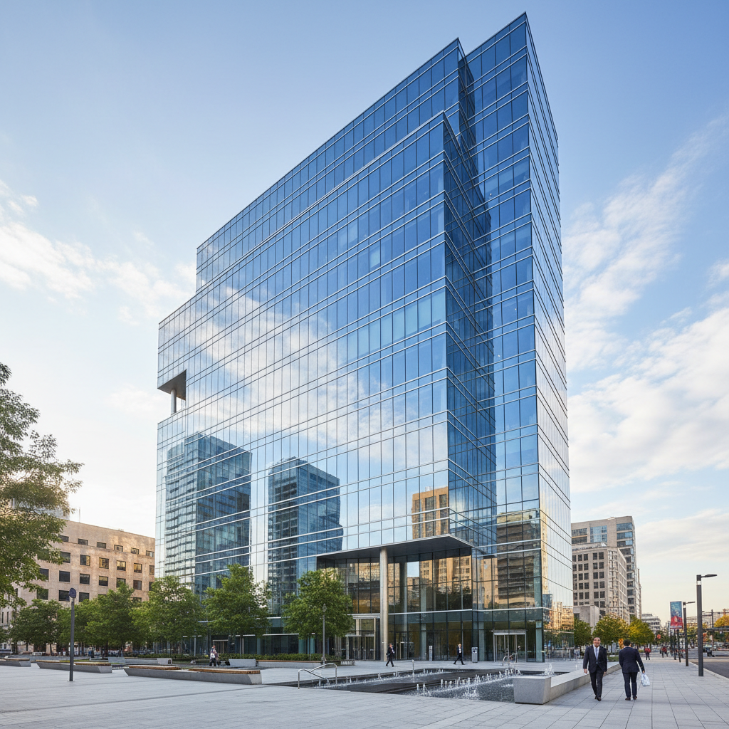 Commercial building with aluminum curtain wall system, dark glass panels, modern office building, blue sky backdrop