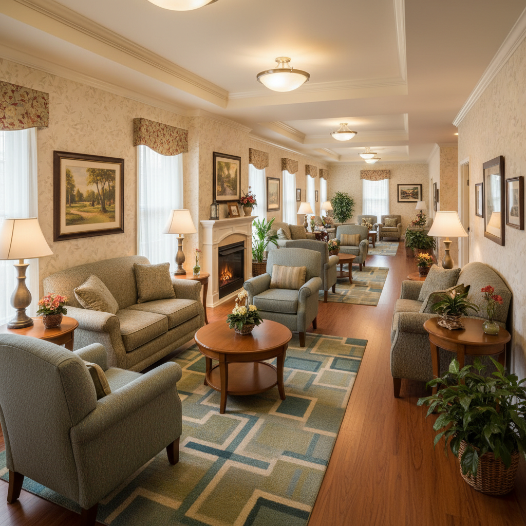 Memory care wing interior with warm lighting and residential design elements