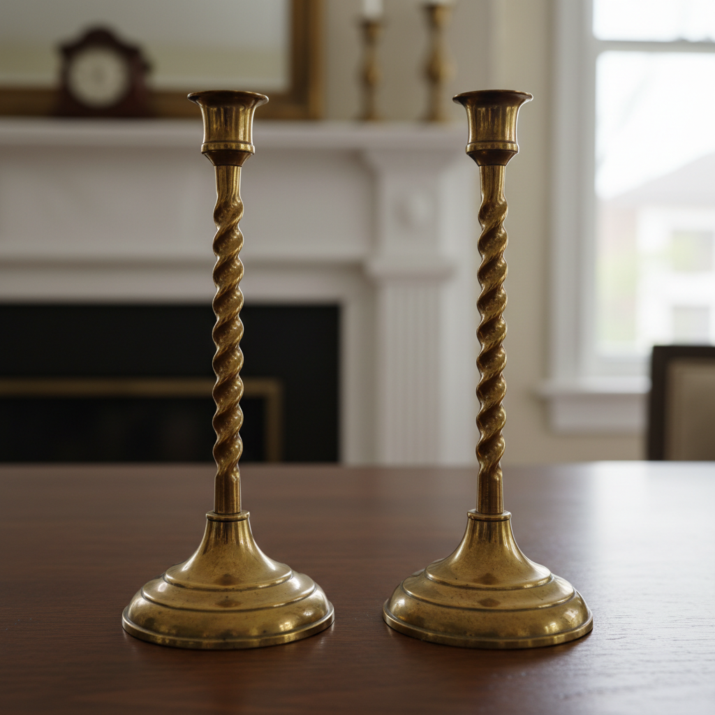 Pair of vintage brass candleholders with ornate decorative detailing