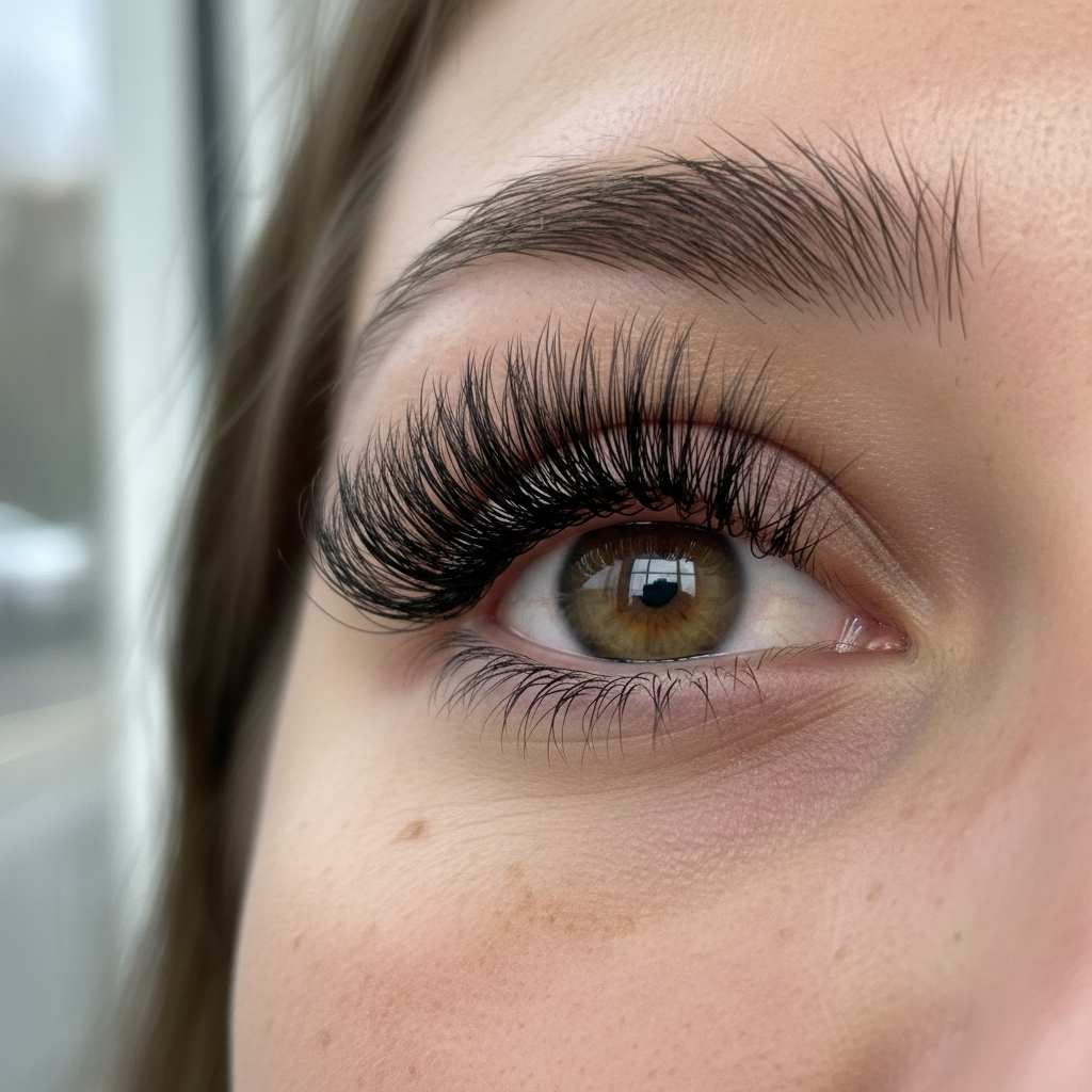 Dramatic volume lash extensions on a woman with pink eye shadow