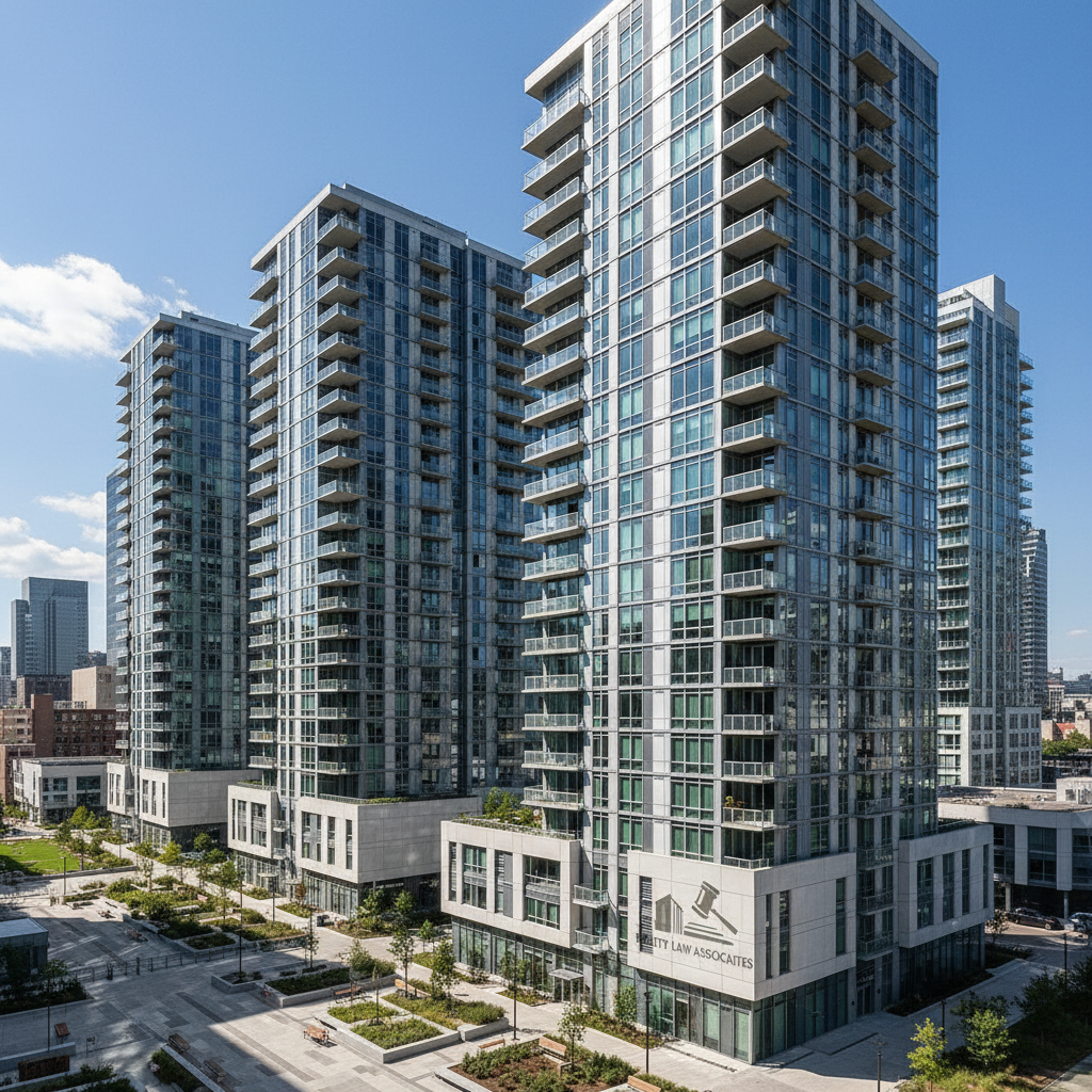 Modern residential tower facade with glass balconies against clear blue sky, bright afternoon light