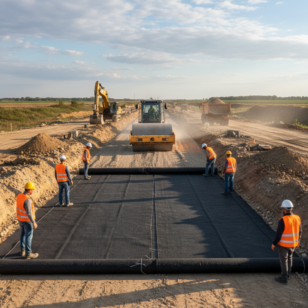Geotextile installation and granular sub-base compaction for heavy duty road
