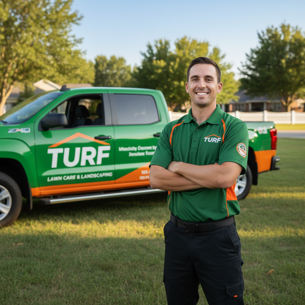 Marcus Delgado smiling in Turf uniform standing in front of his branded truck