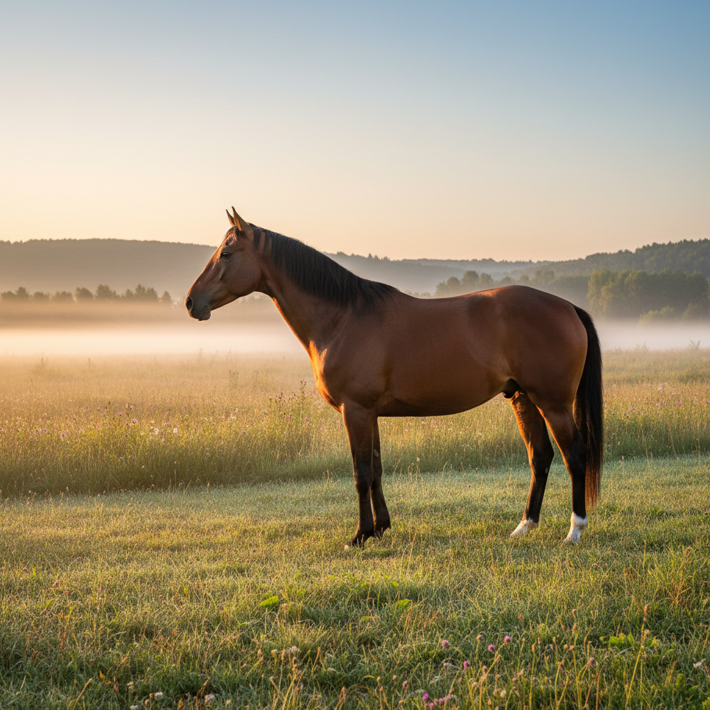 Thoroughbred horse standing broadside in open morning field, ears pricked, mist burning off behind