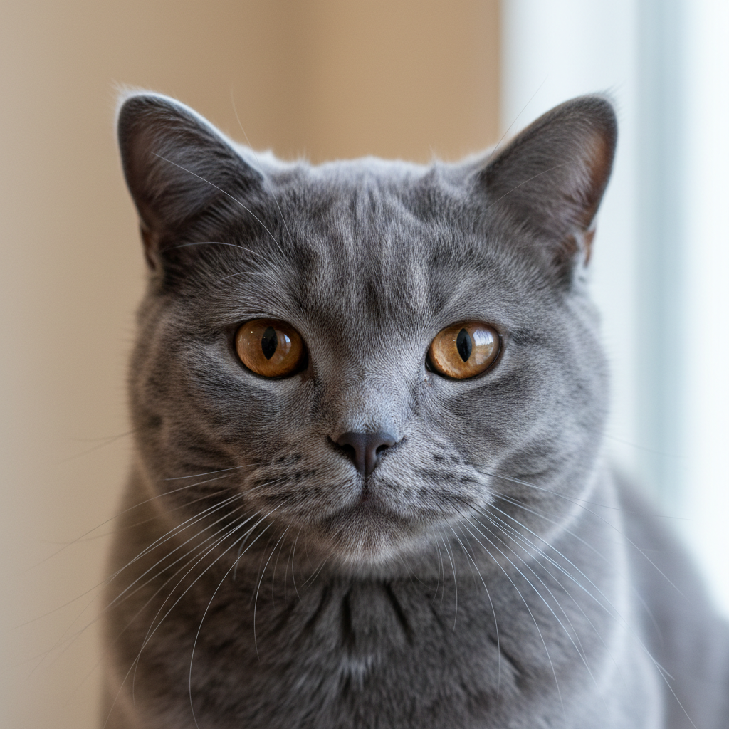 Gray British shorthair kitten with round face and big yellow eyes