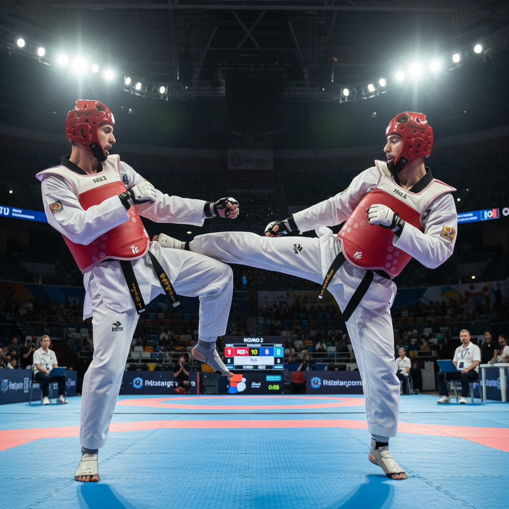 Two advanced taekwondo athletes sparring with full protective gear in dark atmospheric competition hall