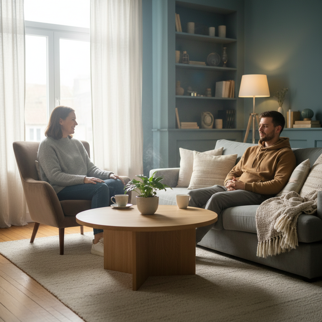 Two people having a deep conversation over coffee in a cozy setting