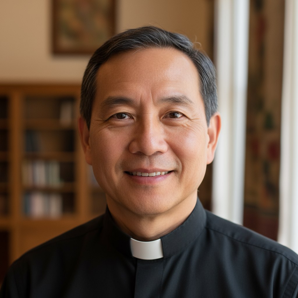 Filipino Catholic priest in his 60s with gray hair wearing black clerical collar, standing in front of church