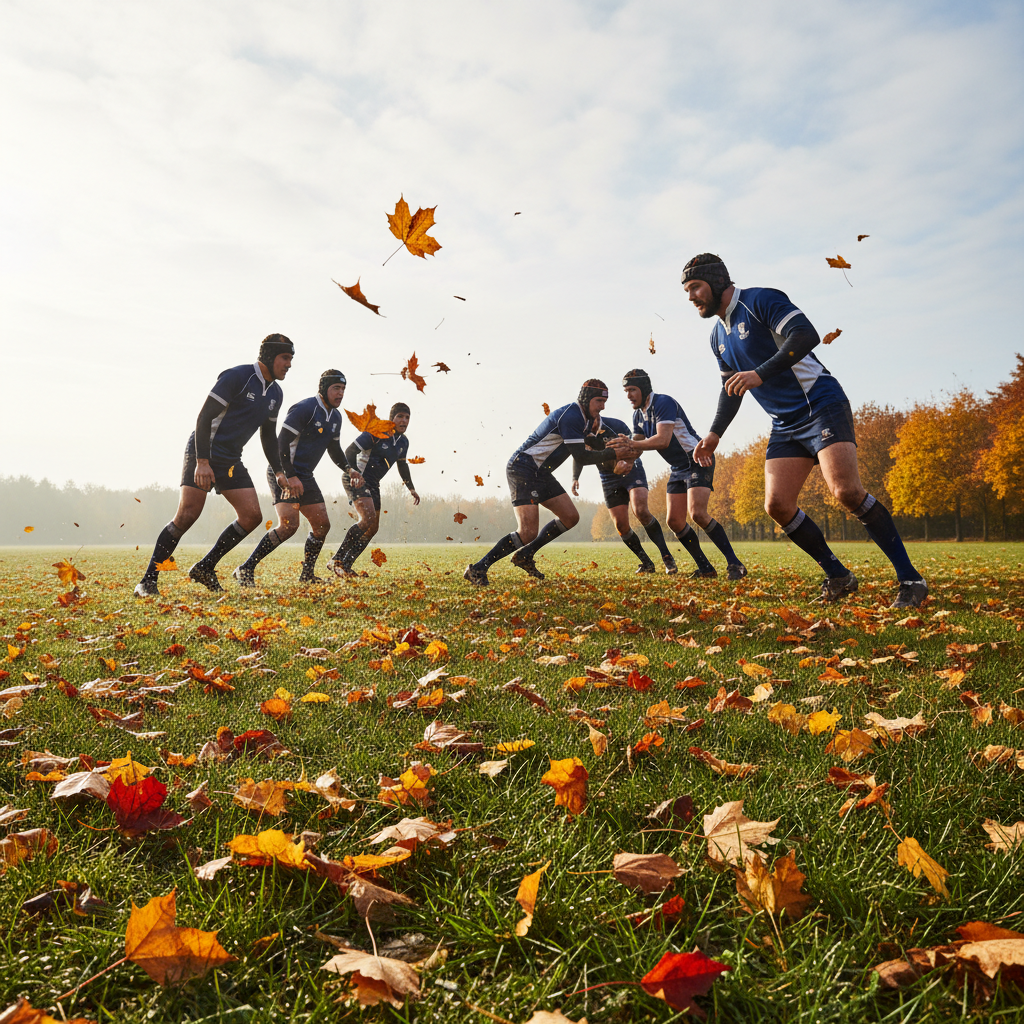 Rugby players in autumn training session on wet grass with orange leaves in background