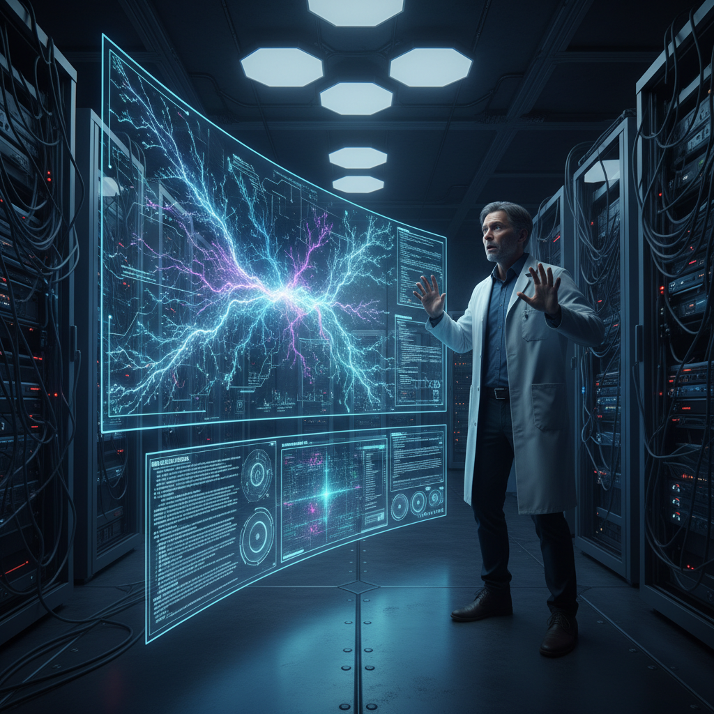 Glowing neural network visualization on dark screen, deep blue laboratory environment with holographic data streams