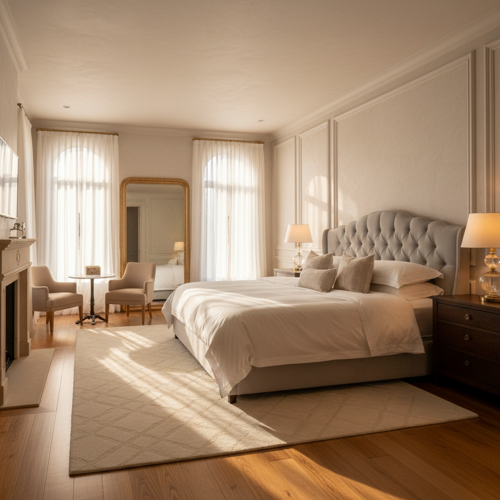 Elegant master bedroom with dramatic lighting, deep shadows, plush bedding, architectural ceiling