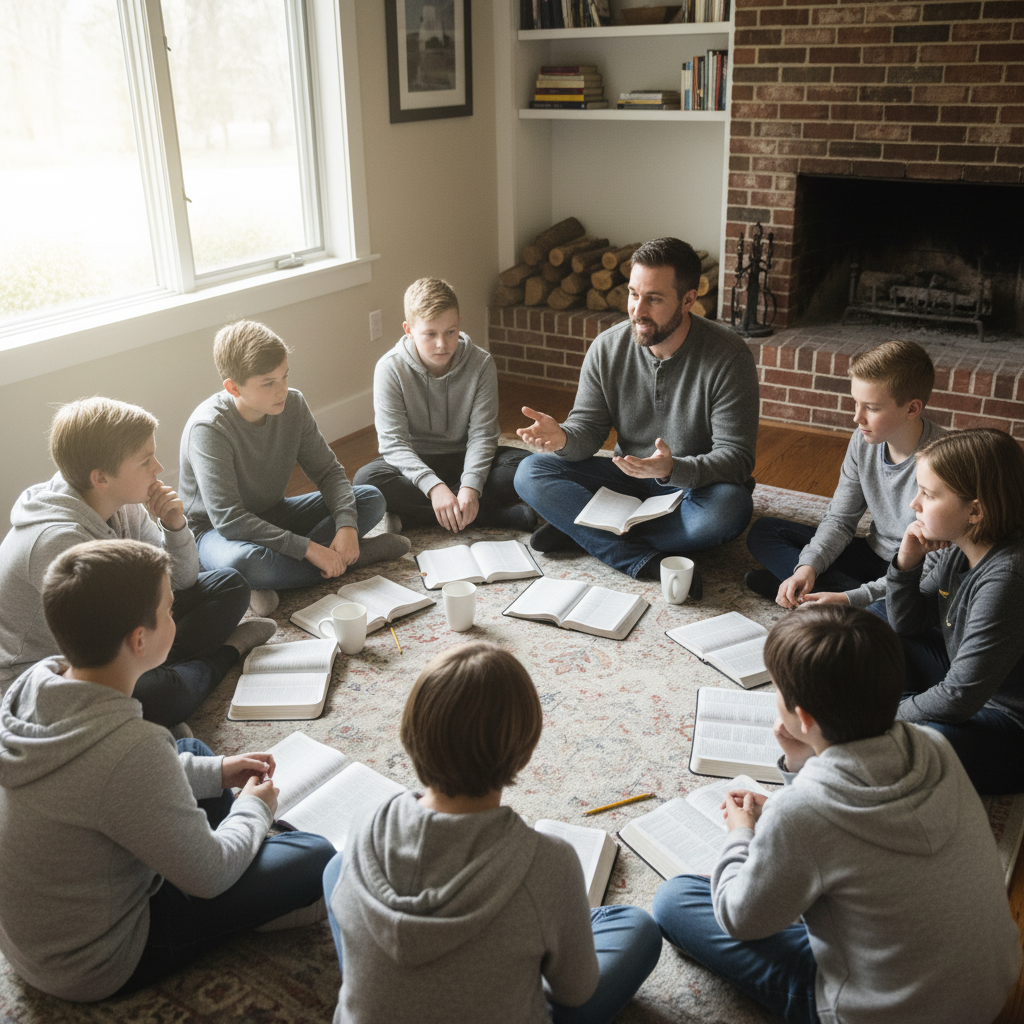 Group of people in small group setting, engaged in discussion with Bibles