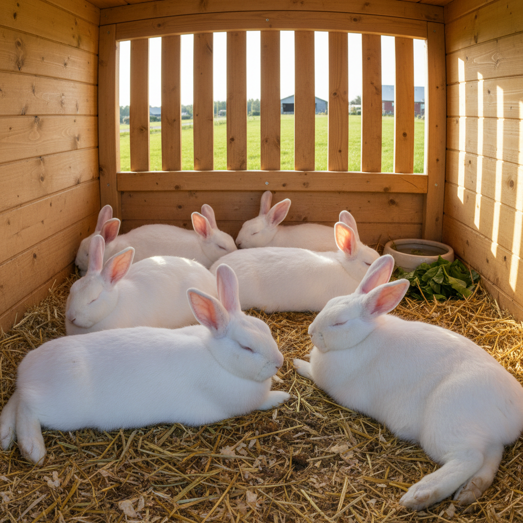 White healthy rabbits in clean farm hutch, Rwandan farm setting