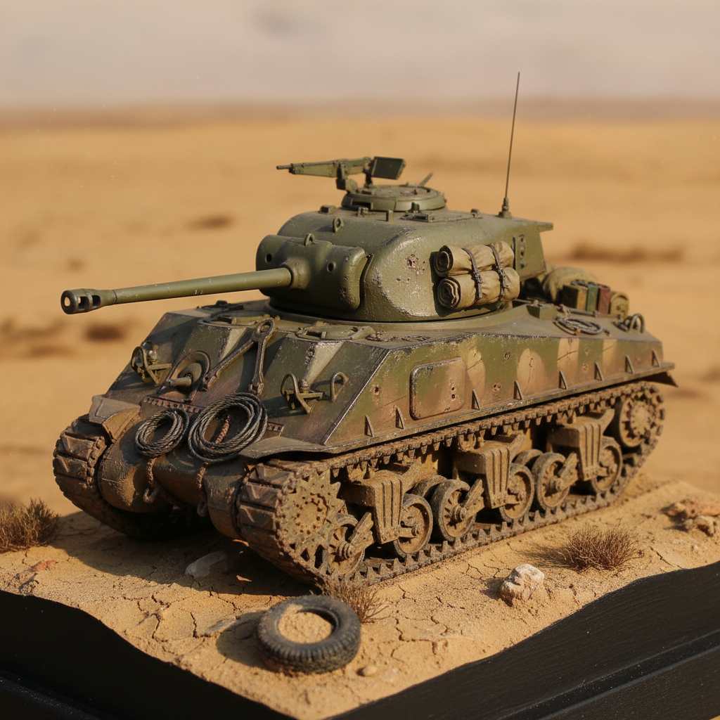 Detailed Sherman tank model on desert diorama base with weathering effects