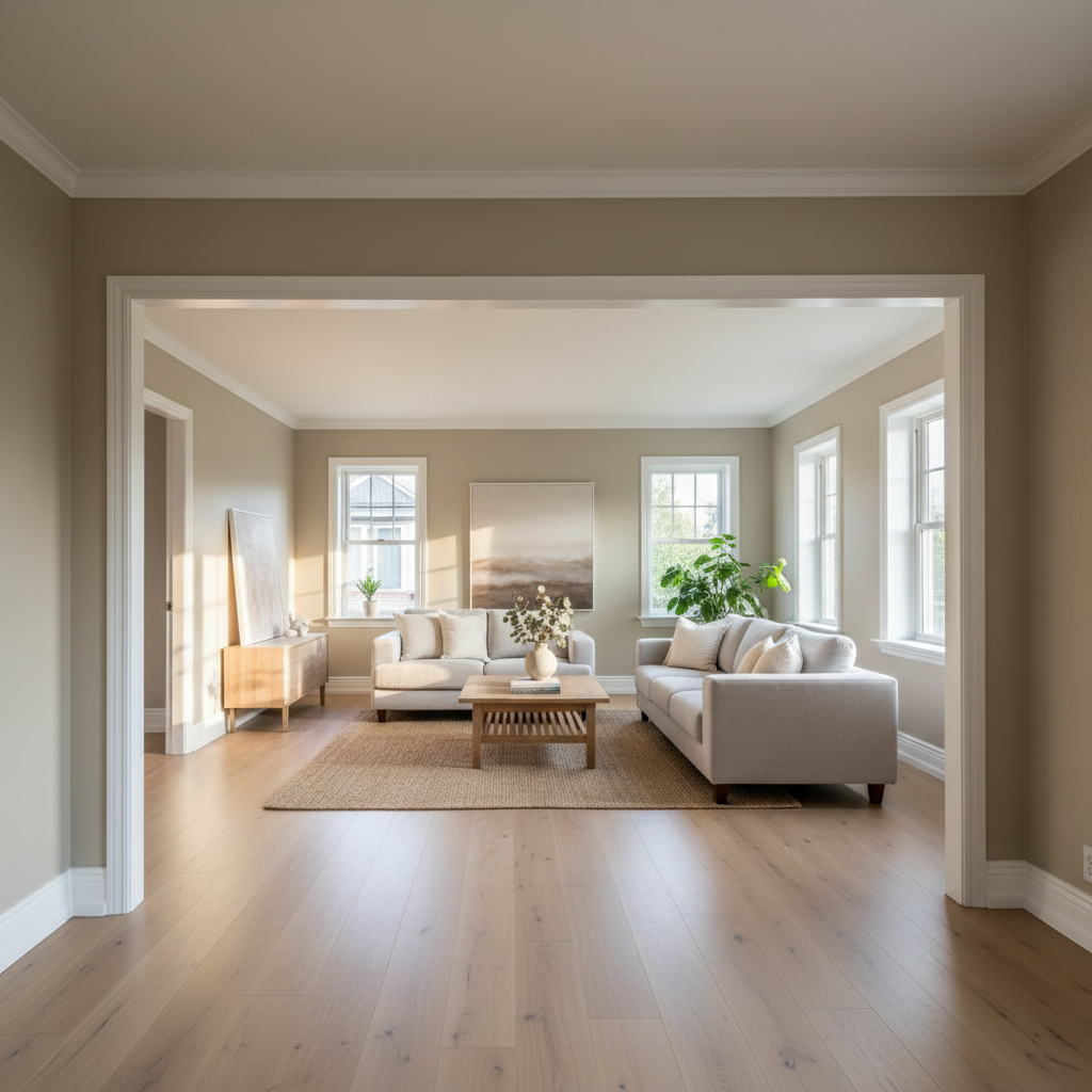 Freshly painted bright interior living room with neutral warm walls and clean trim