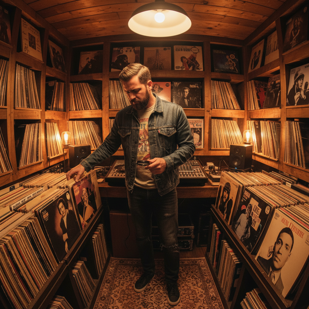 Male DJ Solar with vintage record collection in warm-lit studio