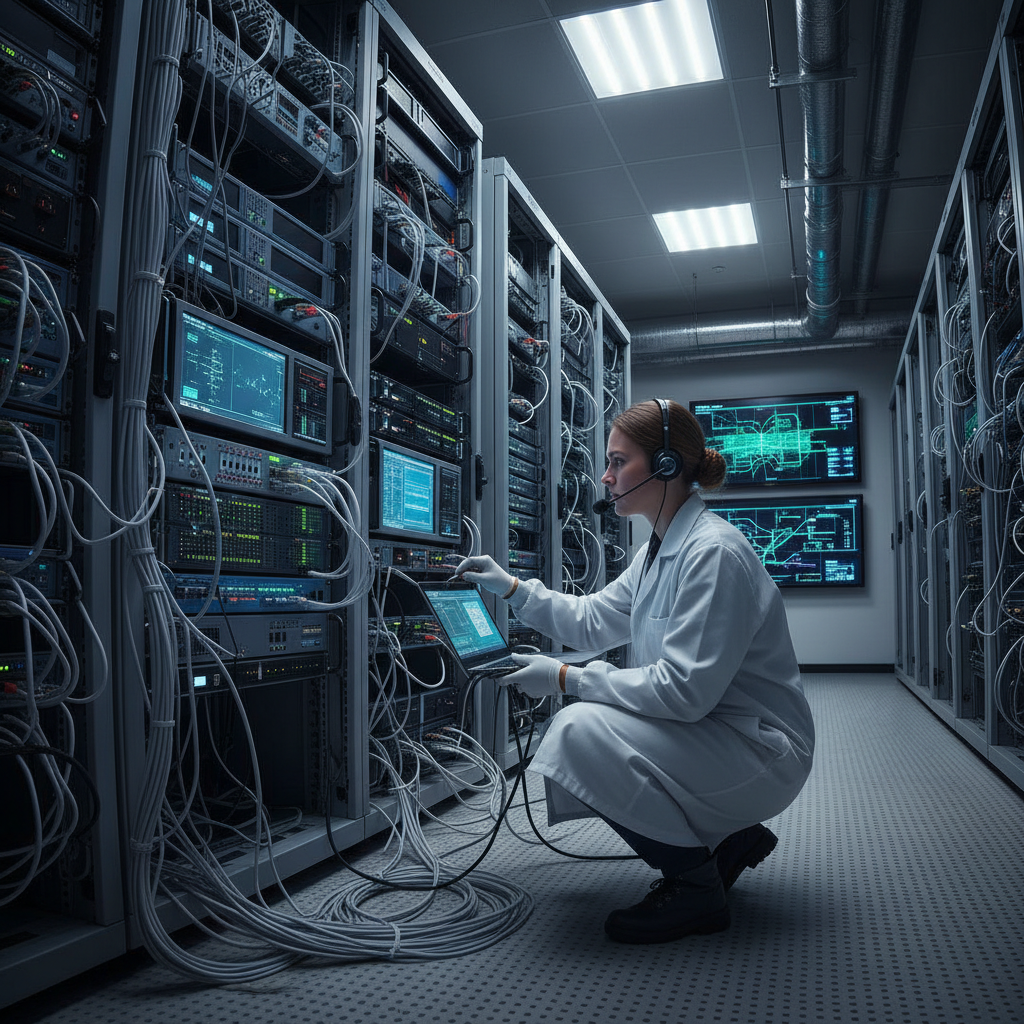 Network engineer configuring SIP trunking equipment in a telecommunications server room