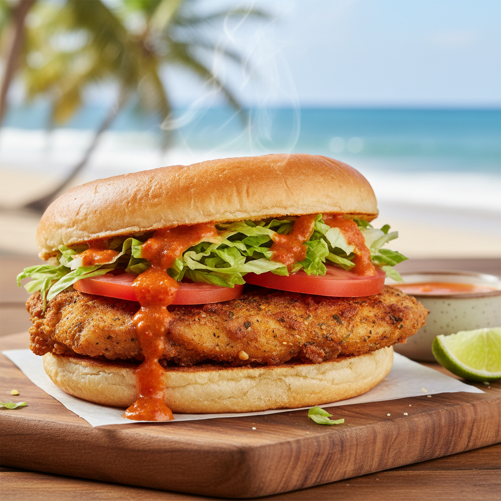 Bake and shark sandwich with lettuce tomato and pepper sauce