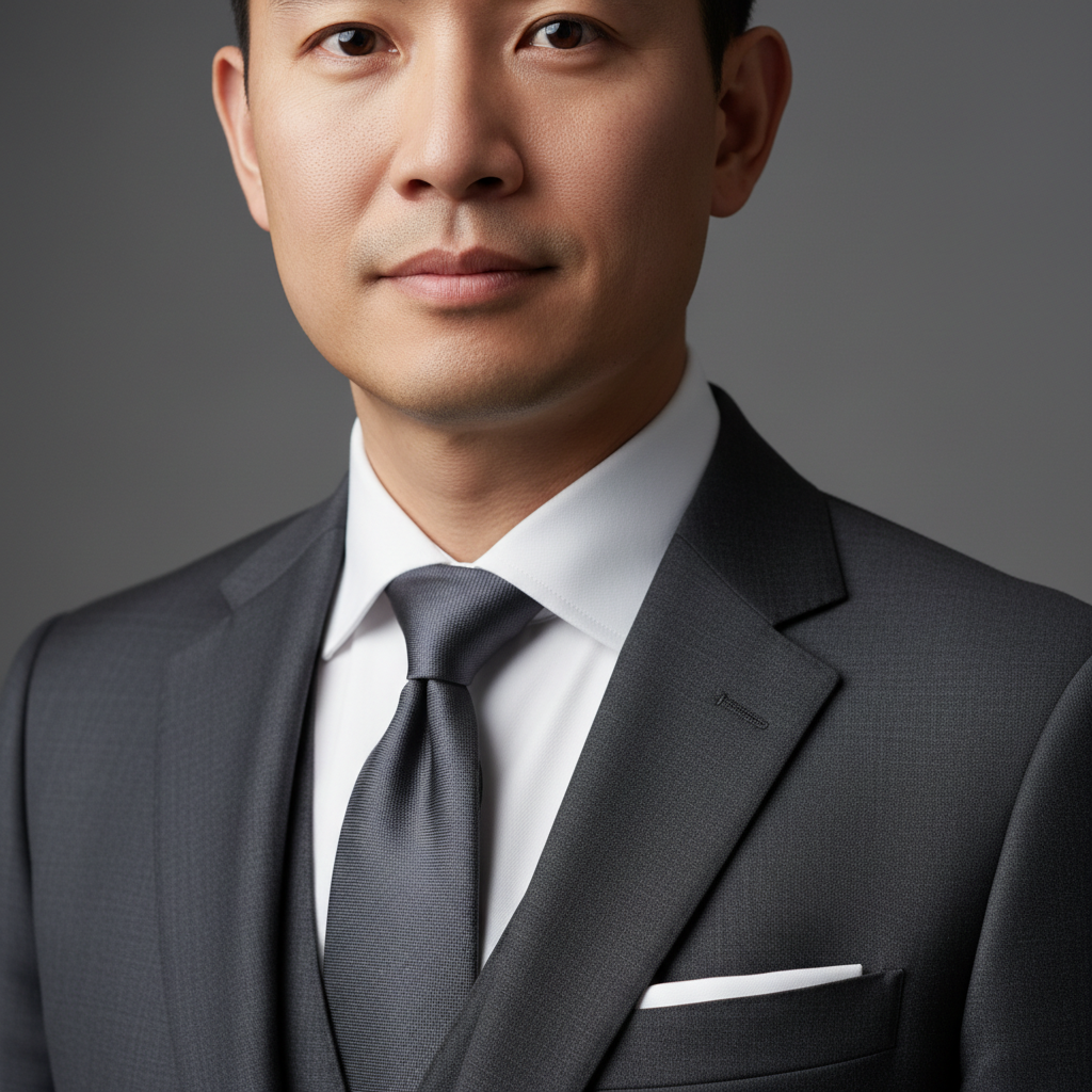 Portrait of a composed man in tailored dark suit, soft studio key lighting, neutral background