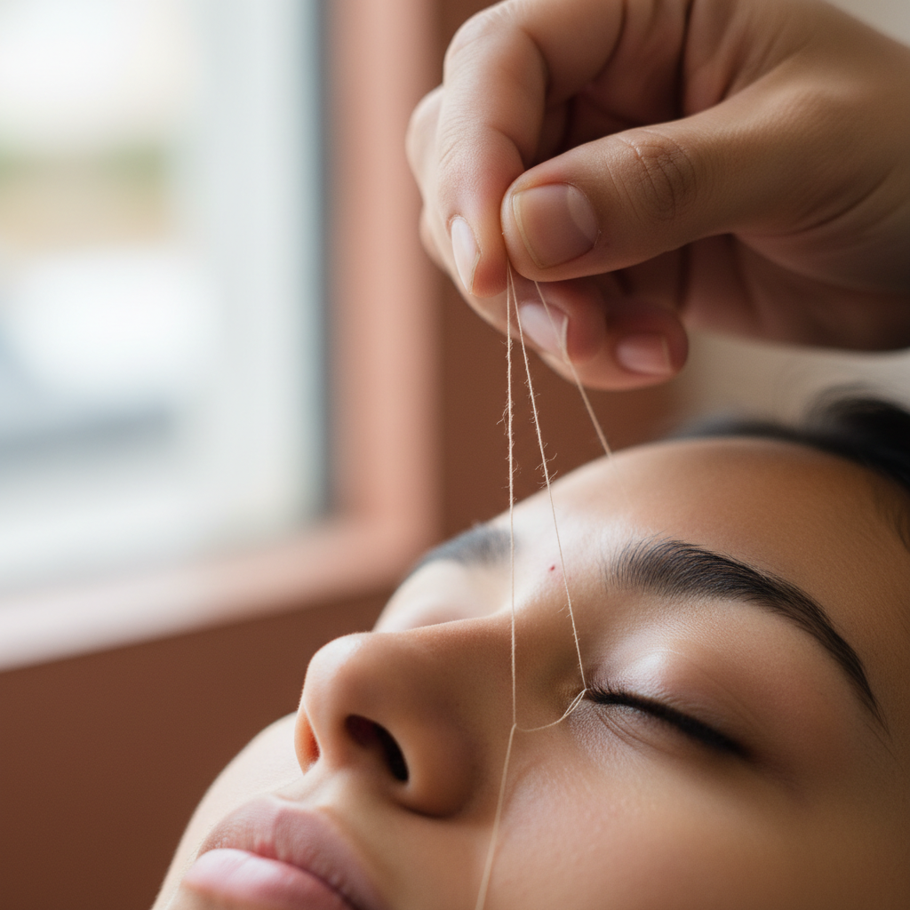 Depilación con hilo hindú, técnica tradicional aplicada en el rostro, piel limpia y suave