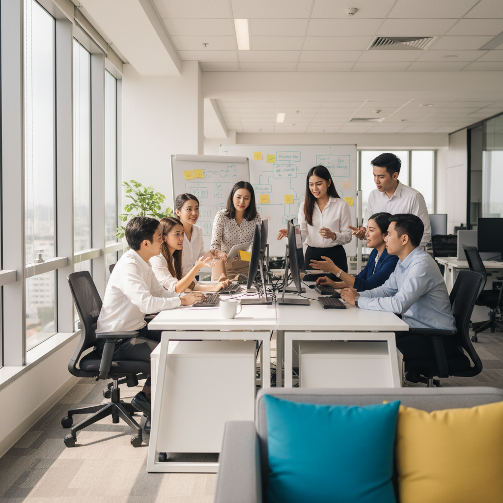 Young Filipino professional at bright modern desk, well-lit office, natural daylight