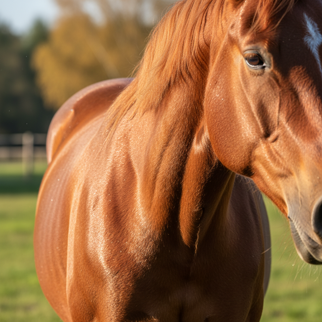 Gleaming chestnut horse coat after grooming session, sunlight reflecting off perfectly brushed hair
