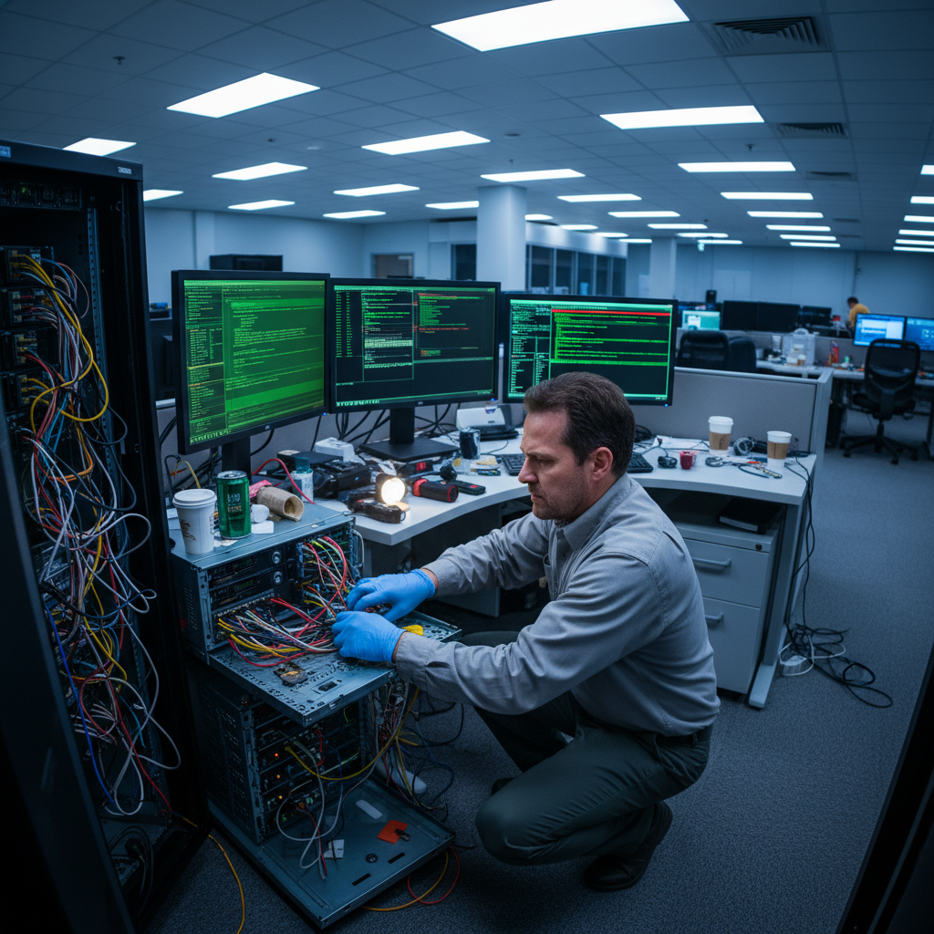 Professional IT technician working on computer equipment in dark server room, blue lighting, focused work environment