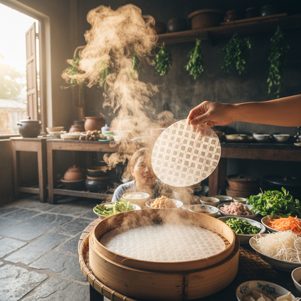 Hands tearing fresh rice paper over rising steam in a Vietnamese kitchen