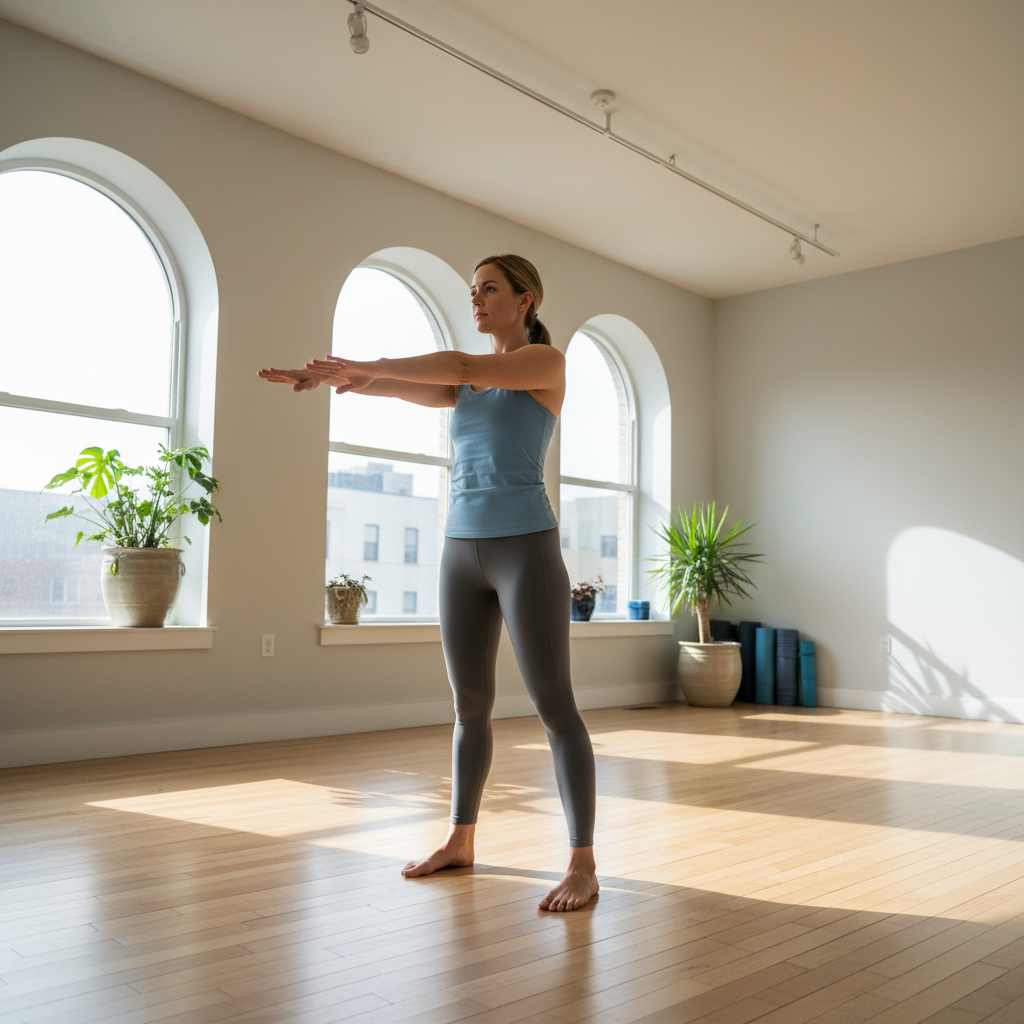 Person in comfortable clothing doing a gentle seated stretch in a clean, well-lit home studio
