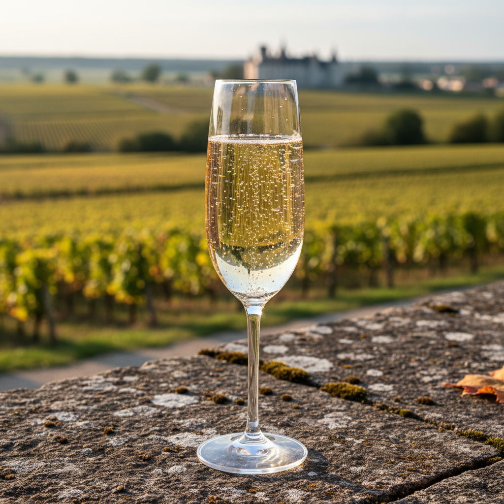 A glass of sparkling wine catching golden late-afternoon sunlight on a stone terrace overlooking Loire Valley vineyards