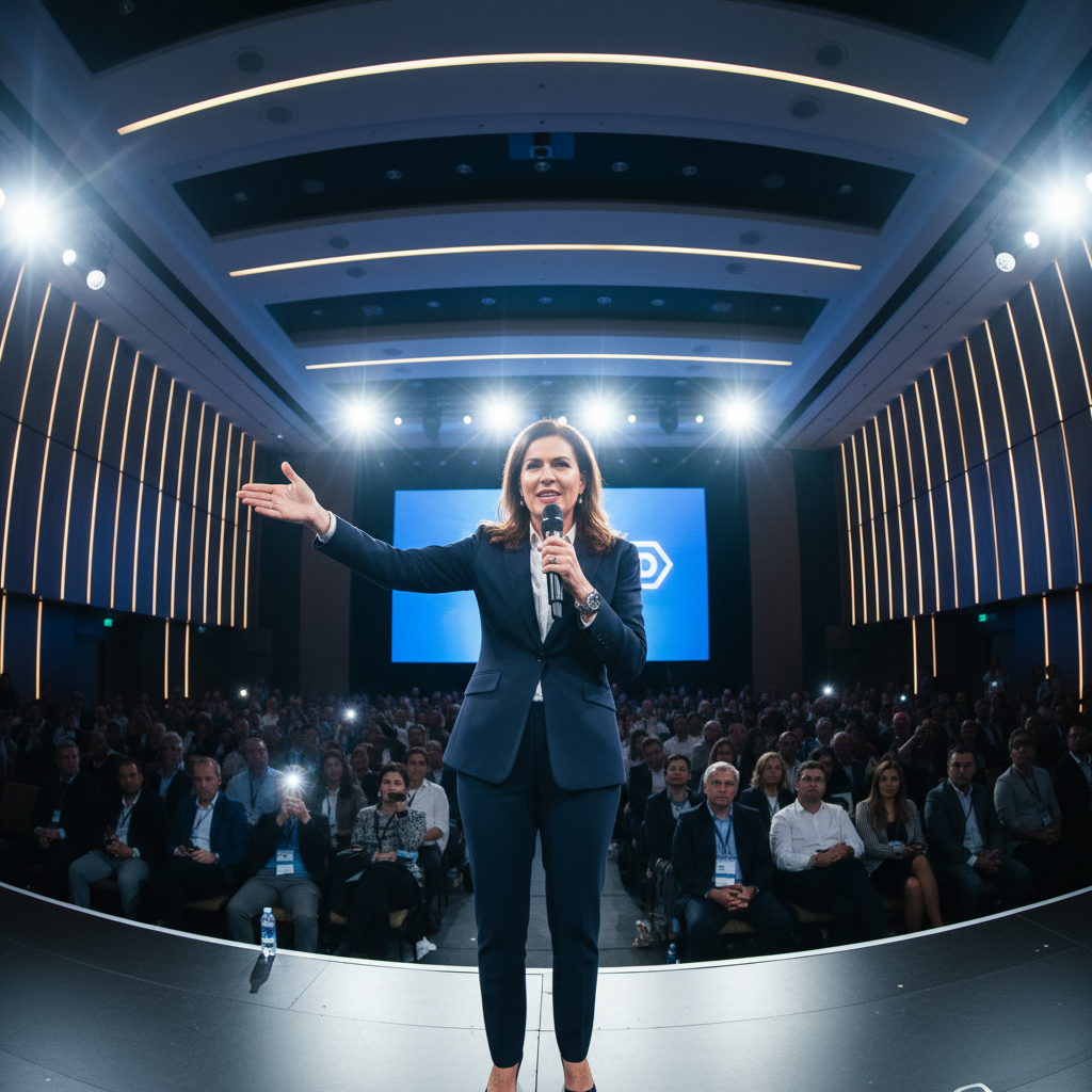 Confident executive delivering a keynote presentation on a large stage to an engaged audience