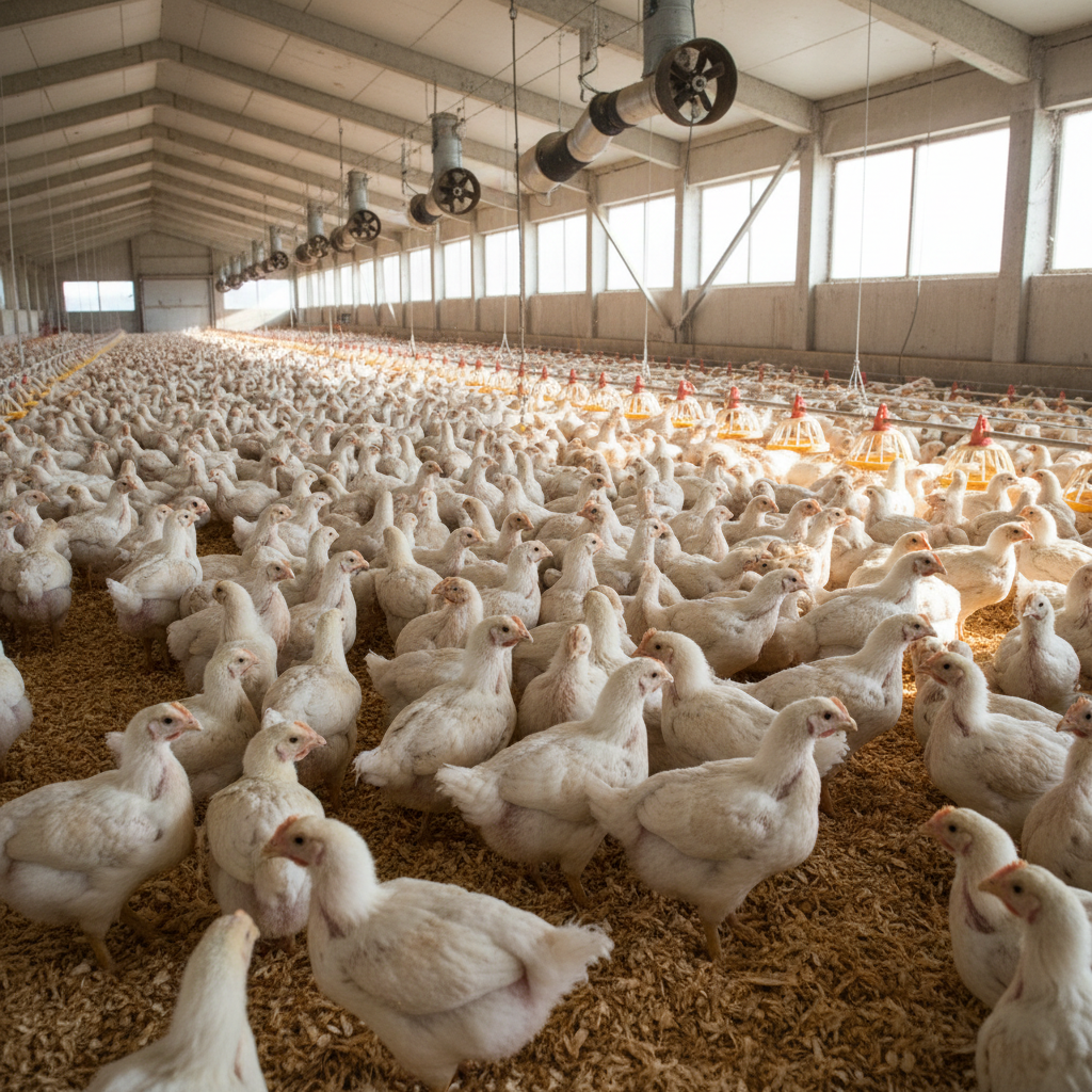 White broiler chickens at different growth stages in modern poultry house