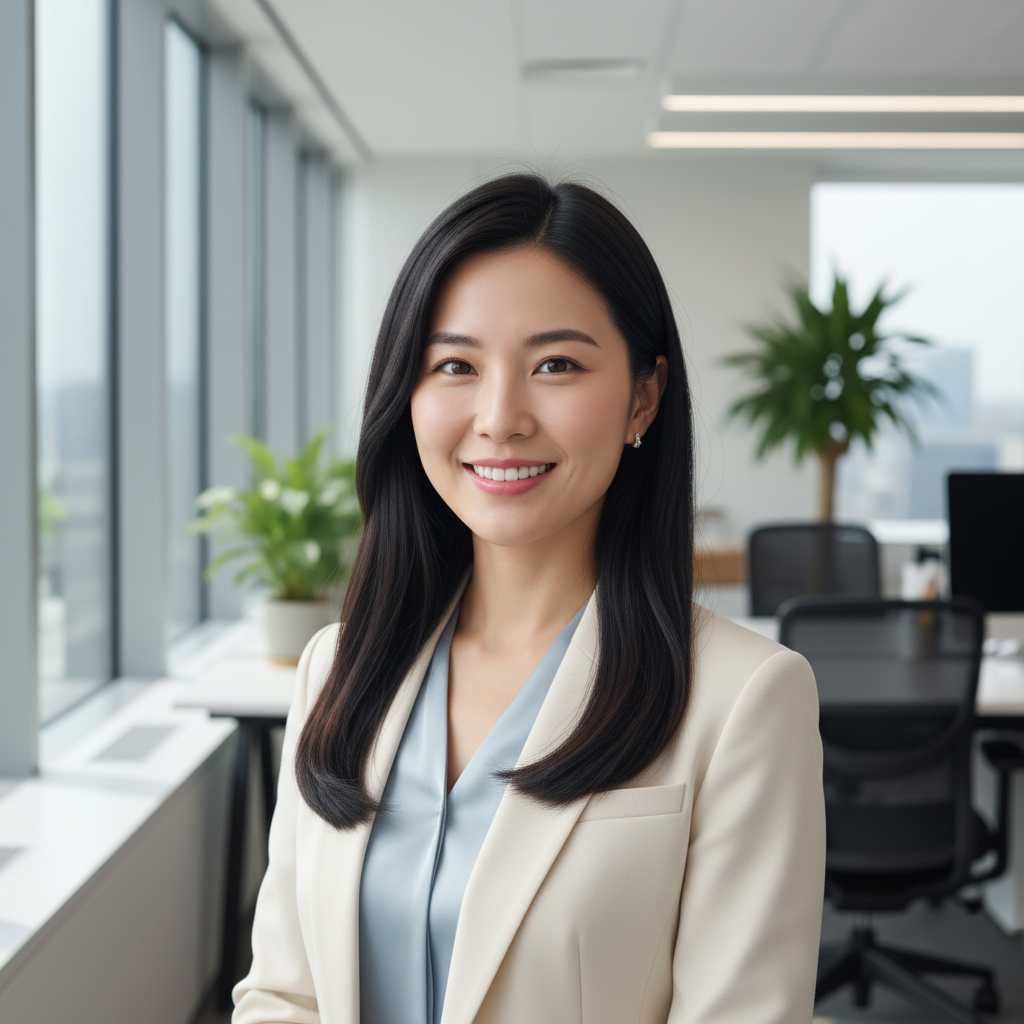 Asian woman with long black hair in professional attire smiling