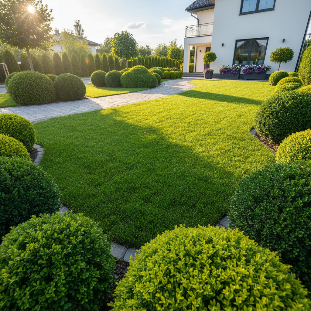 Transformed front yard with green lawn, trimmed shrubs and paver walkway