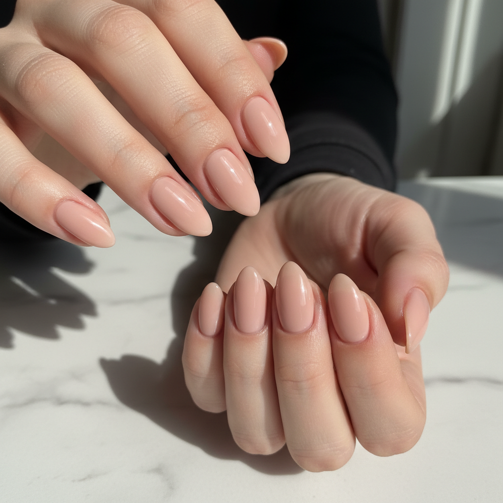 Long gel nail extensions with glossy ombre finish, elegant hand pose against dark background