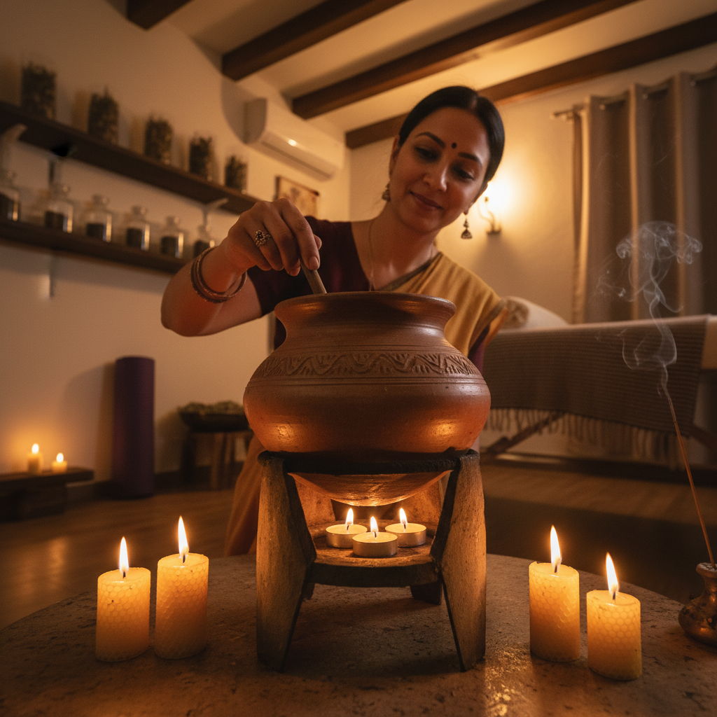 Panchakarma therapy with warm oils in a calm treatment room
