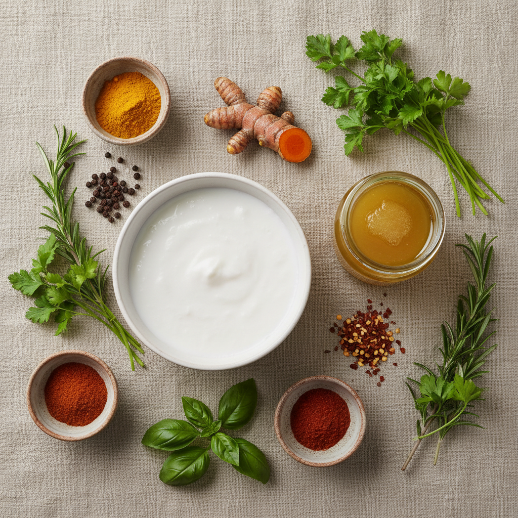 Overhead view of fresh herbs and spices on linen tea towel