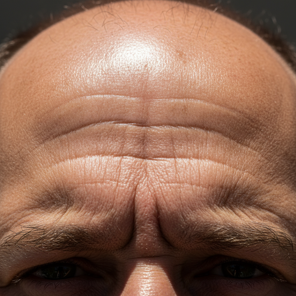 Forehead with prominent horizontal lines and expression wrinkles in direct lighting