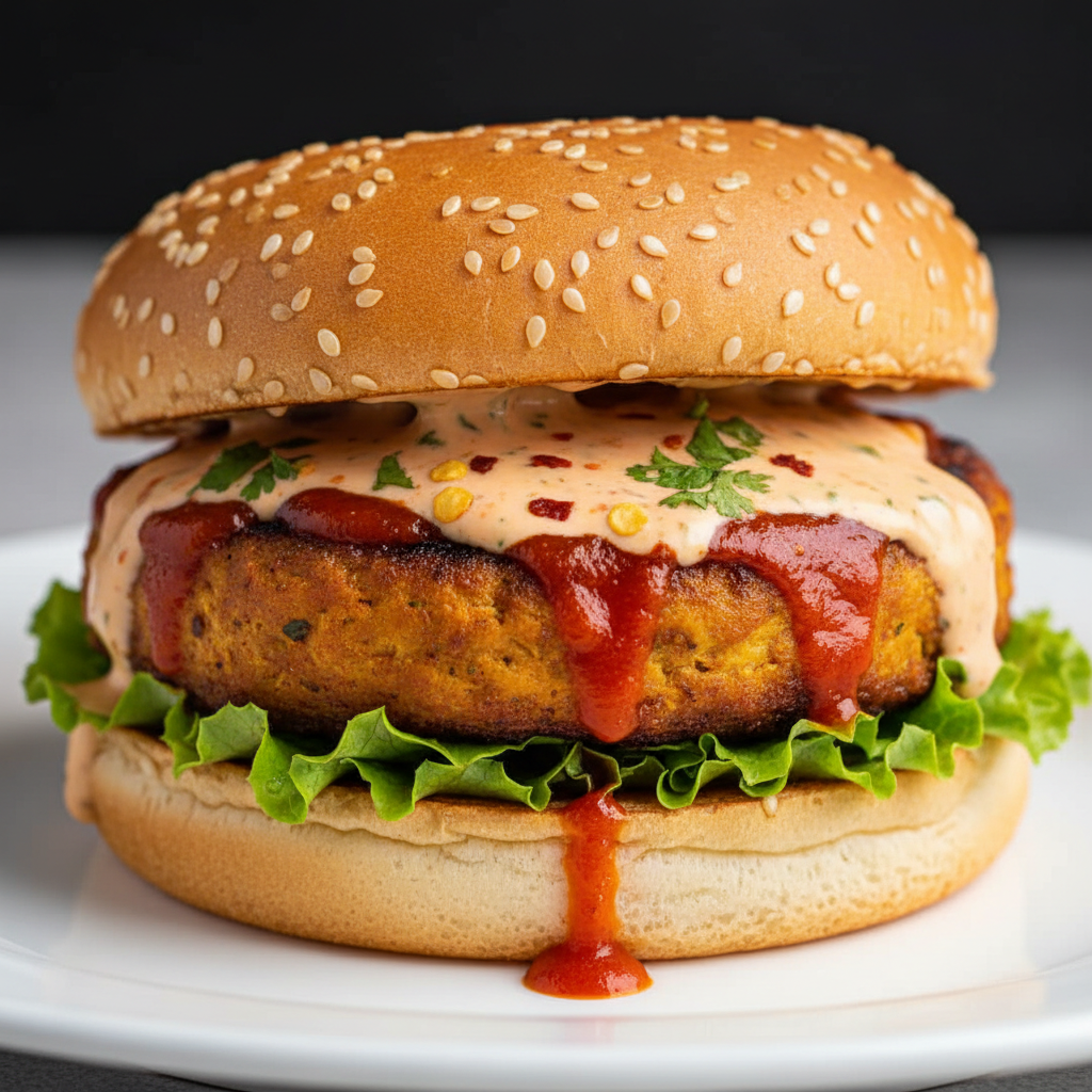 Peri Peri Burger — Spicy Peri Peri flavoured burger, Indian café food photography with warm colours and appetising presentation