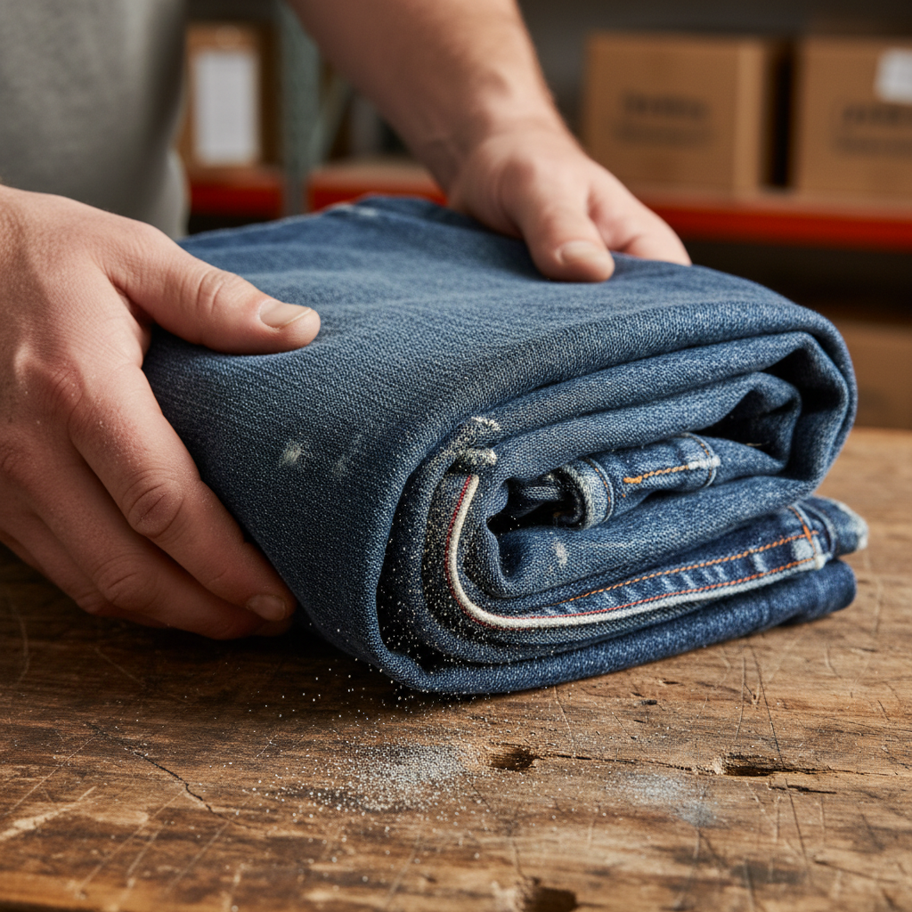 Hands holding a folded pair of vintage jeans with warehouse dust on selvage edge