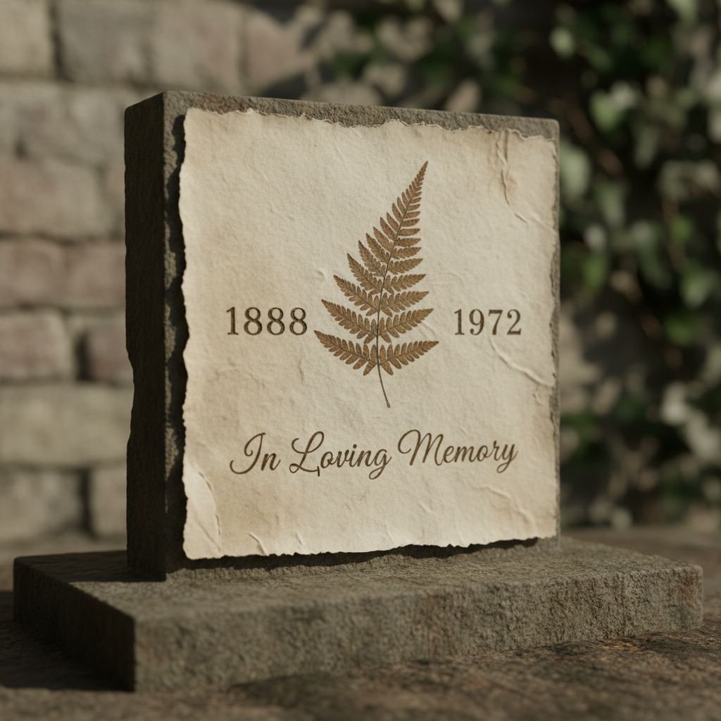 Memorial with two dates flanking a pressed botanical element on handmade paper