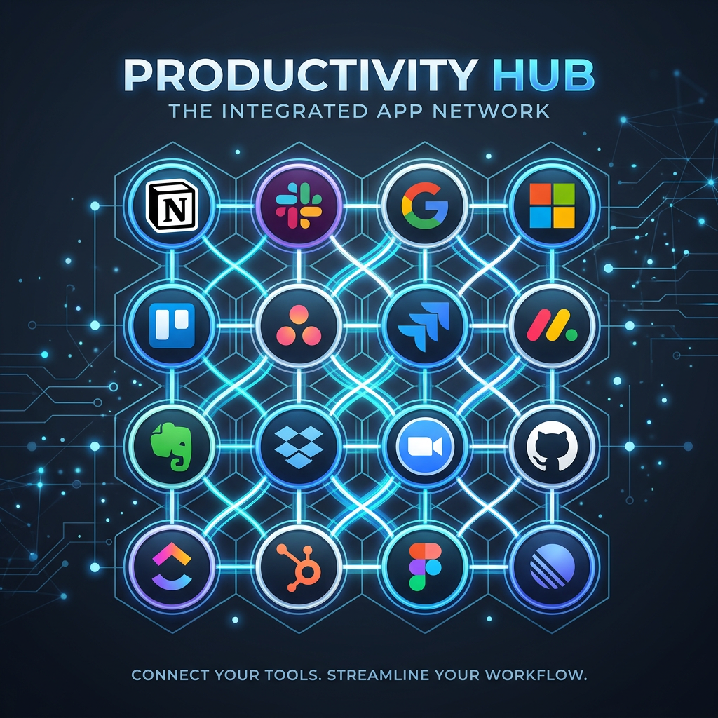 Grid of popular productivity app logos connected by glowing lines showing integration