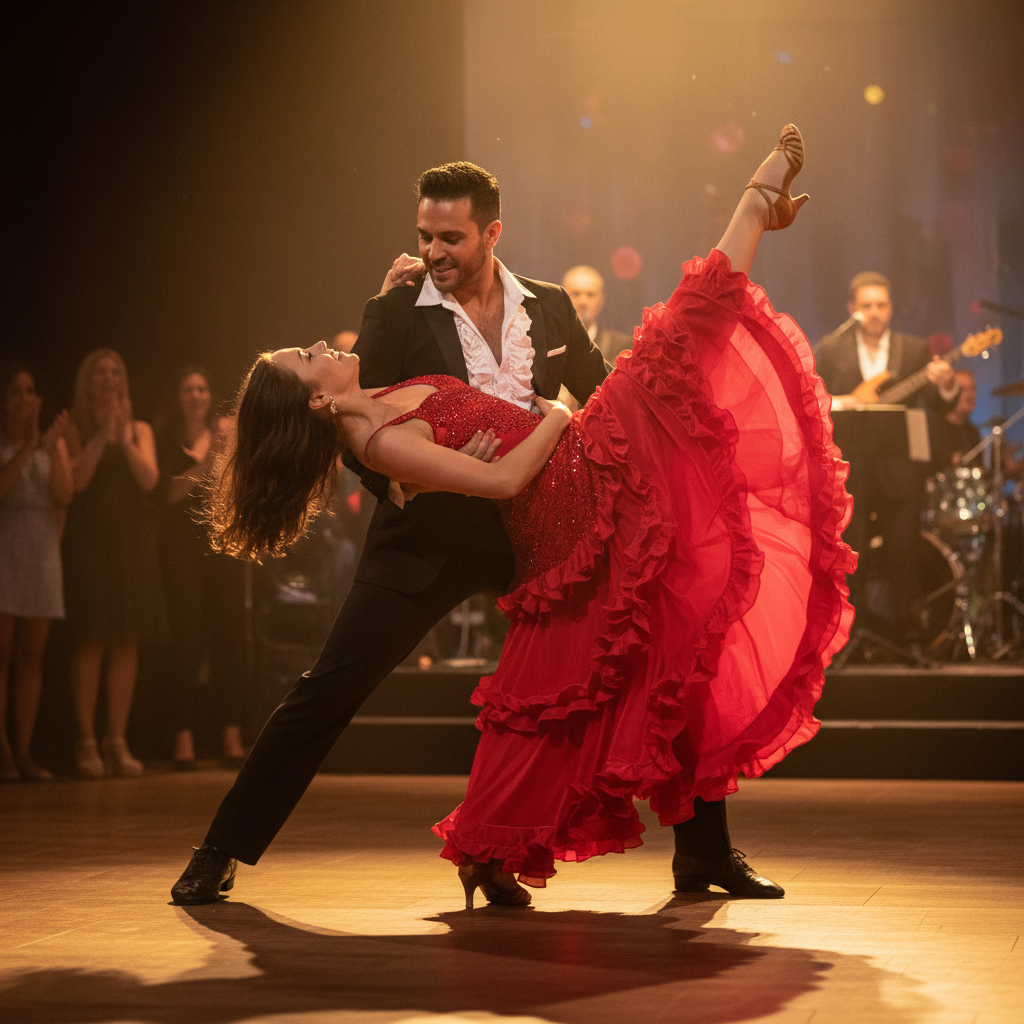 Competencia de baile de salsa en un salón de baile bien iluminado, pareja en traje formal de baile latino, jueces al fondo, movimiento dinámico